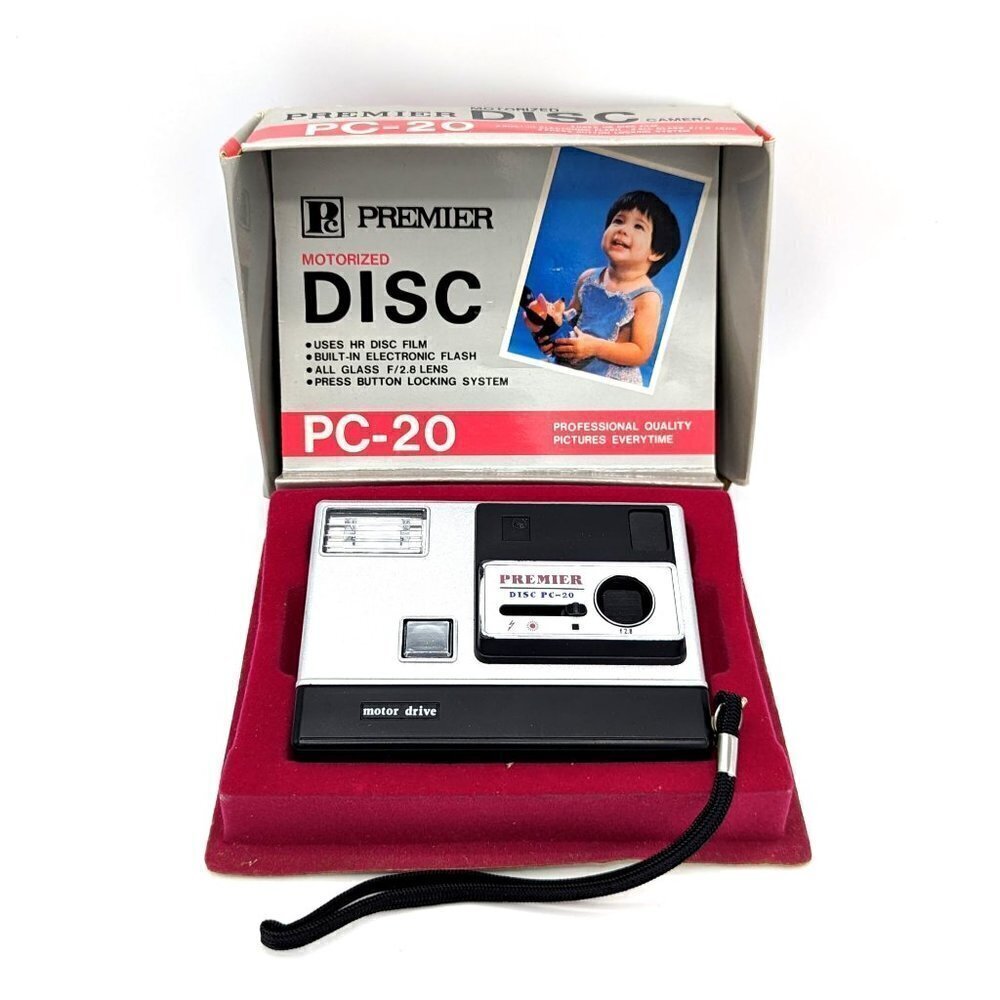 Vintage 1980's Premier PC-20 Motorized Disc Camera Point and Shoot Flash in Box